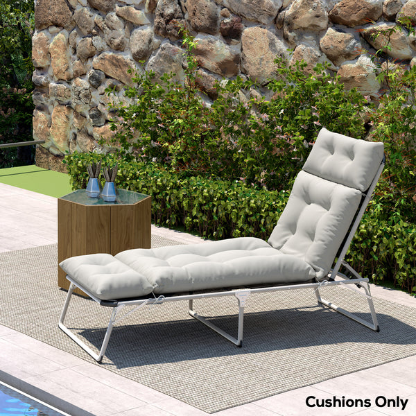 Sun Lounger Cushions Only, 190x56x10cm Garden Lounge Chair Cushions, UPF20+ 220gsm Fabric, Thick Sunbed Replacement Pads with 6 Ties, Light Grey