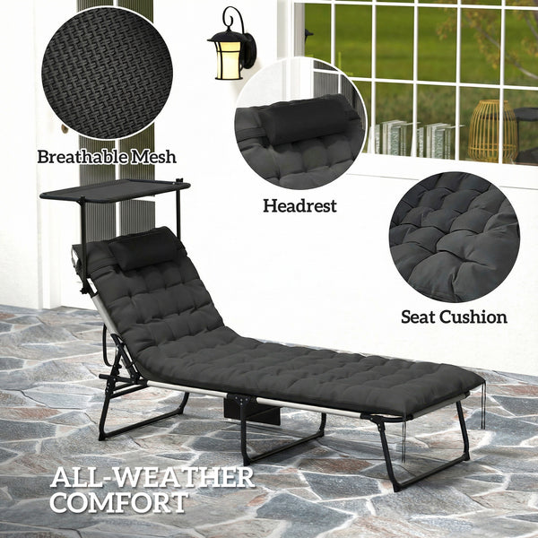 Folding Chaise Lounge Chair with Cushion and Adjustable Sun Shade, 4-Position Adjustable Outdoor Lounge Chair with Headrest, Sun Lounger with Cushion for Porch, Dark Grey