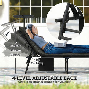 Folding Chaise Lounge Chair with Cushion and Adjustable Sun Shade, 4-Position Adjustable Outdoor Lounge Chair with Headrest, Sun Lounger with Cushion for Porch, Dark Grey