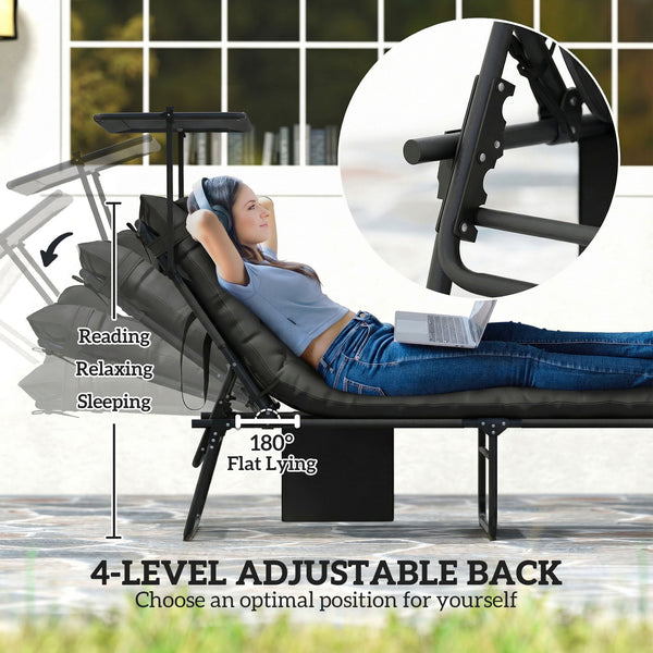Folding Chaise Lounge Chair with Cushion and Adjustable Sun Shade, 4-Position Adjustable Outdoor Lounge Chair with Headrest, Sun Lounger with Cushion for Porch, Dark Grey