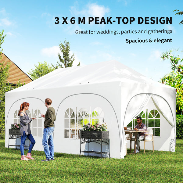 3 x 6m Pop Up Gazebo with Sides, 6 Sandbags, Peak Top Height Adjustable Outdoor Garden Party Tent Marquee Wedding Awning Canopy Instant Event Shelter with Carry Bag, Windows, Light Grey/White