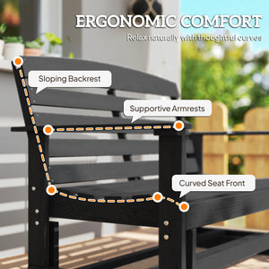 2-Person Outdoor Glider Bench Patio Double Swing Rocking Chair Loveseat w/ Slatted HDPE Frame for Backyard Garden Porch, Distressed Black