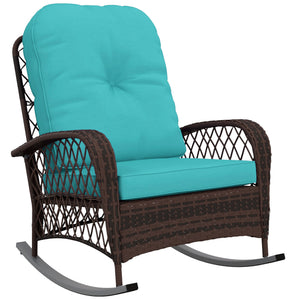 Rattan Rocking Chair, Outdoor Wicker Patio Rocker Chair Furniture with Thick Cushions, for Garden Backyard Porch, Turquoise
