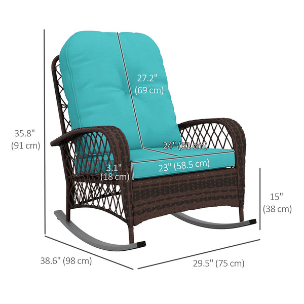Rattan Rocking Chair, Outdoor Wicker Patio Rocker Chair Furniture with Thick Cushions, for Garden Backyard Porch, Turquoise