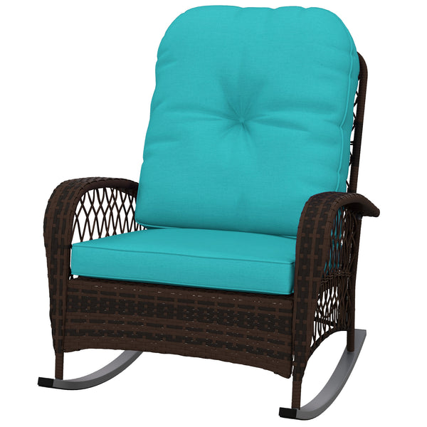 Rattan Rocking Chair, Outdoor Wicker Patio Rocker Chair Furniture with Thick Cushions, for Garden Backyard Porch, Turquoise