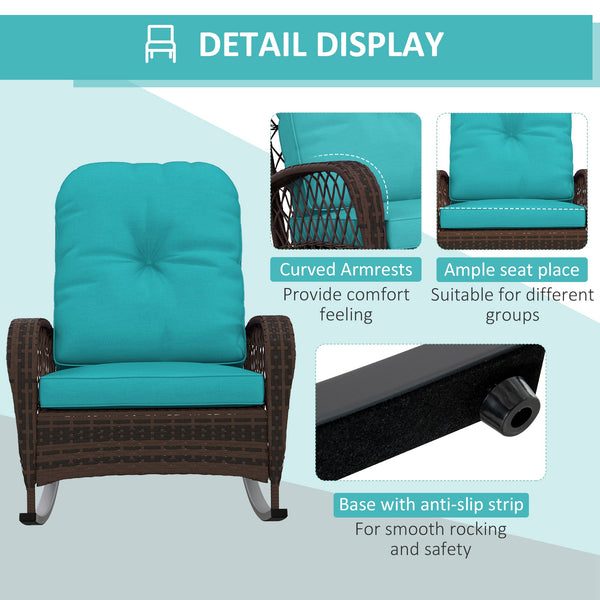Rattan Rocking Chair, Outdoor Wicker Patio Rocker Chair Furniture with Thick Cushions, for Garden Backyard Porch, Turquoise