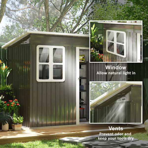 7 x 4ft Storage Shed Galvanised Steel Garden Shed, Metal Shed with Foundation Kit, Window, Lockable Wide Door and Air Vents for Outdoor Patio, Dark Grey
