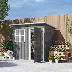 7 x 4ft Storage Shed Galvanised Steel Garden Shed, Metal Shed with Foundation Kit, Window, Lockable Wide Door and Air Vents for Outdoor Patio, Dark Grey