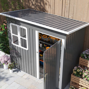 7 x 4ft Storage Shed Galvanised Steel Garden Shed, Metal Shed with Foundation Kit, Window, Lockable Wide Door and Air Vents for Outdoor Patio, Dark Grey