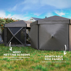 Outsunny 12' x 12' Hexagonal Pop Up Gazebo Canopy Tent with 5 Sidewalls, Waterproof Portable Outdoor Canopy Shelter with Curtains, Carry Bag, 5 Ropes, 11 Stakes for Camping, Garden, Patio, Brown