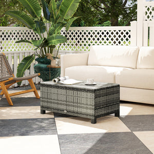 Rattan Coffee Table, Patio Side Table, Hand-woven Wicker Furniture with Tempered Glass Top Outdoor Garden Patio, Grey