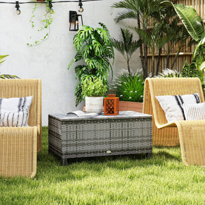 Rattan Coffee Table, Patio Side Table, Hand-woven Wicker Furniture with Tempered Glass Top Outdoor Garden Patio, Grey