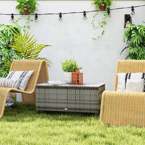 Rattan Coffee Table, Patio Side Table, Hand-woven Wicker Furniture with Tempered Glass Top Outdoor Garden Patio, Grey