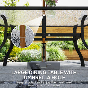 7 Pieces Garden Dining Set, Outdoor Rectangular Dining Table and 6 Cushioned Armchairs, Tempered Glass Top Table w/ Umbrella Hole, Texteline Seats, Black