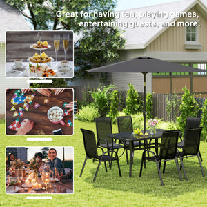 8 Pieces Patio Table and Chairs Set with 9 Ft Patio Umbrella, Outdoor Dining Set with 4.6 Ft Dining Table and 6 Chairs, Push Button Tilt and Crank Parasol, Tempered Glass Top, Black