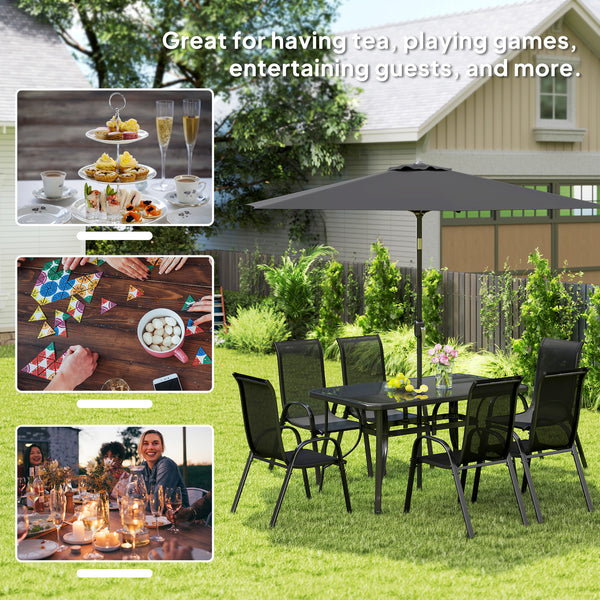 8 Pieces Patio Table and Chairs Set with 9 Ft Patio Umbrella, Outdoor Dining Set with 4.6 Ft Dining Table and 6 Chairs, Push Button Tilt and Crank Parasol, Tempered Glass Top, Black