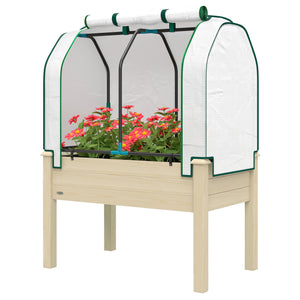 Raised Garden Bed with PE Greenhouse Cover Outdoor Elevated Wood Planter Box for Herbs and Vegetables, Use for Patio, Backyard, Balcony, 35 x 22 x 47 inch, Natural