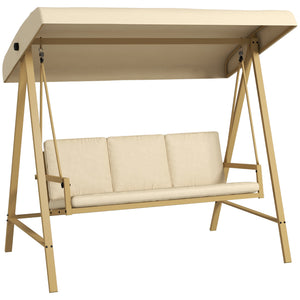 3 Seater Garden Swing Chair, Outdoor Hammock Bench with Adjustable Canopy, Removable Cushions and Steel Frame, Beige