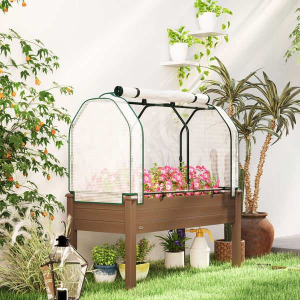 Raised Garden Bed with PE Greenhouse Cover Outdoor Elevated Wood Planter Box for Herbs and Vegetables, Use for Patio, Backyard, Balcony, 48 x 22 x 46 inch, Brown
