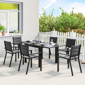 7 Piece Patio Dining Set for 6, Aluminum Expandable Outdoor Table and Stackable Chairs with Padded Back and Mesh Seats, Patio Furniture Dining Set for Garden, Black