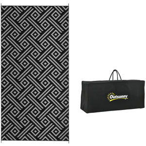 Portable Outdoor Rug with Carry Bag, 9' x 18' Reversible Mat, Waterproof Plastic Straw RV Rug for Backyard, Deck, Picnic, Beach, Camping, Black and Grey Geometric