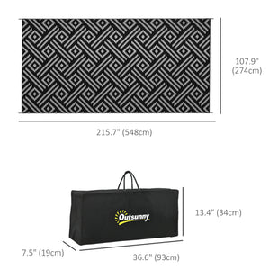 Portable Outdoor Rug with Carry Bag, 9' x 18' Reversible Mat, Waterproof Plastic Straw RV Rug for Backyard, Deck, Picnic, Beach, Camping, Black and Grey Geometric