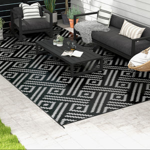 Portable Outdoor Rug with Carry Bag, 9' x 18' Reversible Mat, Waterproof Plastic Straw RV Rug for Backyard, Deck, Picnic, Beach, Camping, Black and Grey Geometric