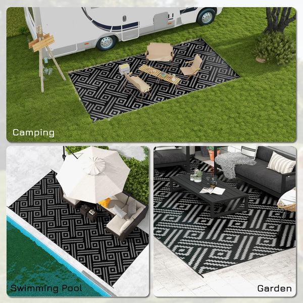 Portable Outdoor Rug with Carry Bag, 9' x 18' Reversible Mat, Waterproof Plastic Straw RV Rug for Backyard, Deck, Picnic, Beach, Camping, Black and Grey Geometric