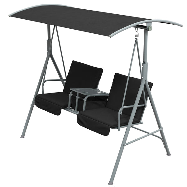 2 Person Porch Swing with Stand, Outdoor Swing with Canopy, Pivot Storage Table, 2 Cup Holders, Cushions for Patio, Backyard, Black