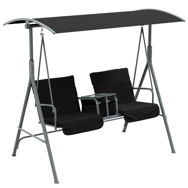 2 Person Porch Swing with Stand, Outdoor Swing with Canopy, Pivot Storage Table, 2 Cup Holders, Cushions for Patio, Backyard, Black