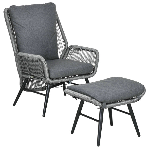 2 Pieces PE Rattan Garden Leisure Chair Set with Adjustable Backrest, Outdoor Reclining Patio Chair and Footrest with Cushion, Light Grey