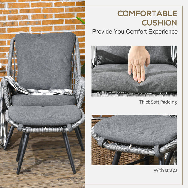 2 Pieces PE Rattan Garden Leisure Chair Set with Adjustable Backrest, Outdoor Reclining Patio Chair and Footrest with Cushion, Light Grey