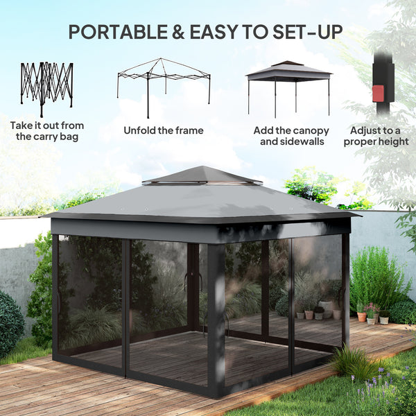 10.7 x 10.7ft Pop Up Camping Gazebo, Height Adjustable Instant Sun Shelter with UV30+ Roof Cover, Removable Mesh Curtains and Carrying Bag for Patio, Backyard, Dark Grey