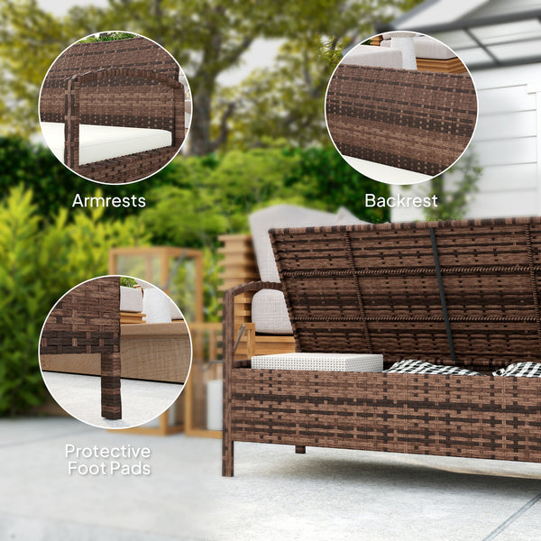 Garden Storage Bench with 125L Capacity, 2 Seater PE Rattan Garden Bench with Storage, Cushion, Wicker Outdoor Bench Loveseat with Steel Frame for Patio, Brown
