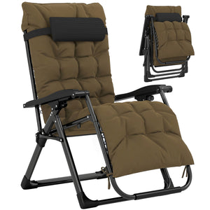 Reclining Zero Gravity Chair with Adjustable Backrest, Folding Garden Sun Lounger, Outdoor Recliner with Removable Cushion and Headrest, Khaki