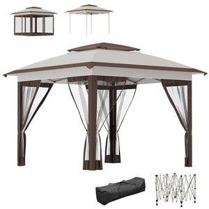 12' x 12' Pop Up Canopy Sun Shade Instant Tent Folding with Mesh Sidewalls, 3-Level Adjustable Height and Storage Bag, Beige and Dark Brown