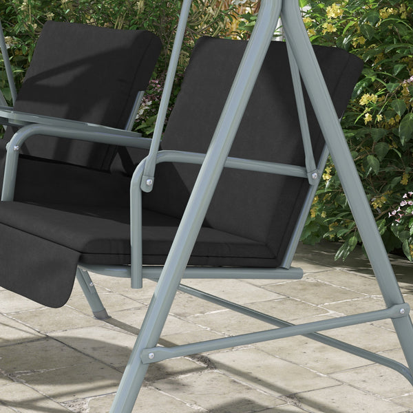 2 Person Porch Swing with Stand, Outdoor Swing with Canopy, Pivot Storage Table, 2 Cup Holders, Cushions for Patio, Backyard, Black