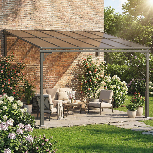 11' x 10' Outdoor Pergola, Wall Mounted Hardtop Lean-to Gazebo with Polycarbonate Roof and Metal-Aluminium Frame, Heavy Duty Metal Pergola for Patio Deck Backyard, Brown