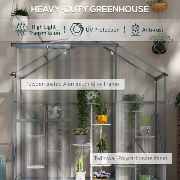 6 x 2.5ft Polycarbonate Greenhouse, Walk-In Green House with Sliding Door, 5-Level Roof Vent, Rain Gutter, Garden Plants Grow House with Aluminium Frame and Foundation, Dark Grey