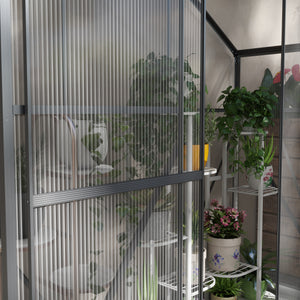 6 x 2.5ft Polycarbonate Greenhouse, Walk-In Green House with Sliding Door, 5-Level Roof Vent, Rain Gutter, Garden Plants Grow House with Aluminium Frame and Foundation, Dark Grey